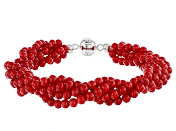Picture of Red coral sterling silver twisted bead bracelet