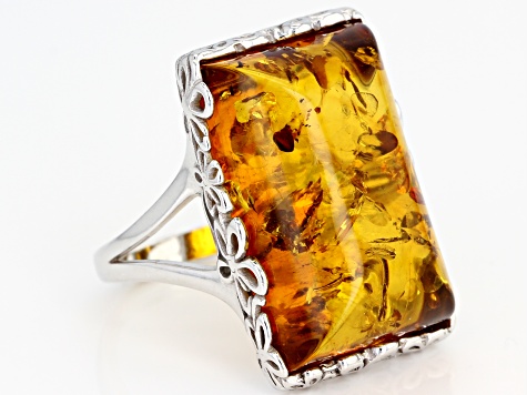 Orange amber rhodium over sterling silver ring
