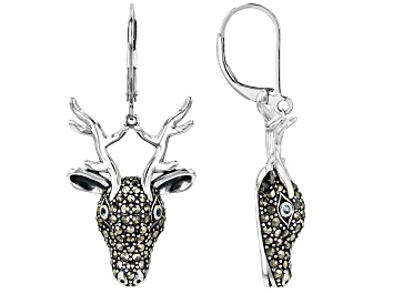 Picture of Swiss blue topaz and marcasite sterling silver reindeer face dangle earrings .05ctw