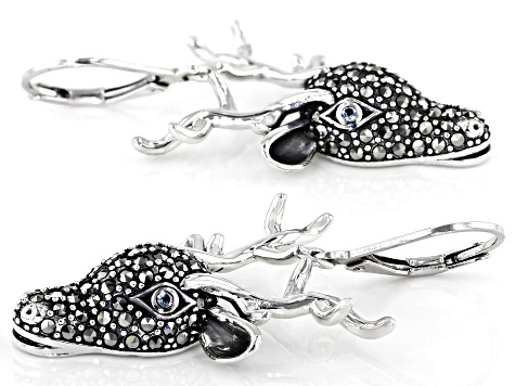 Swiss blue topaz and marcasite sterling silver reindeer face dangle earrings .05ctw