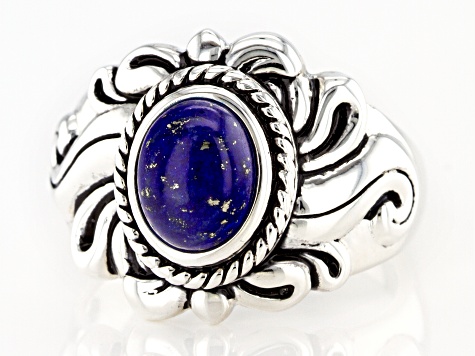 Blue lapis lazuli rhodium over sterling silver solitaire ring