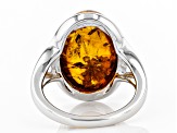 Orange Amber Rhodium Over Silver With 18k Gold Enhanced Sunflower Detail Ring