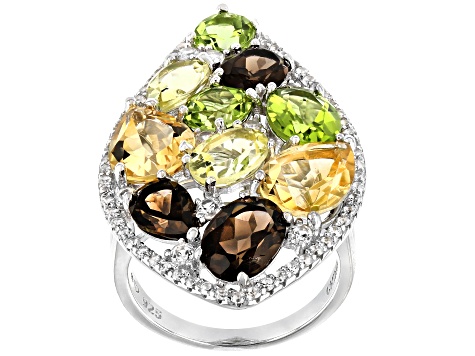 Multi-Gemstone Rhodium Over Sterling Silver Ring 10.15ctw