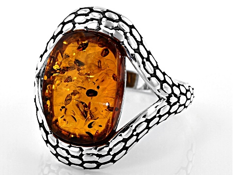 Orange Amber Sterling Silver Ring