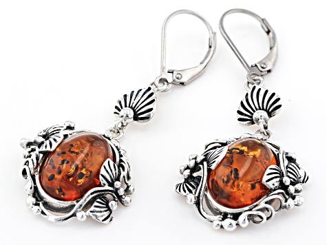 Oval Orange Amber Sterling Silver Dangle Earrings