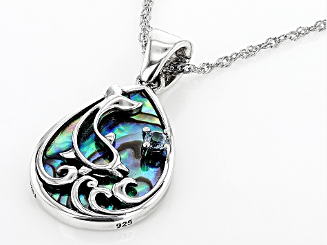 Multicolor Abalone Shell Rhodium Over Silver Dolphin Enhancer With Chain 0.10ct