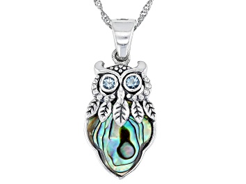 Picture of Multicolor Abalone Shell Sterling Silver Owl Pendant With Chain 0.20ctw
