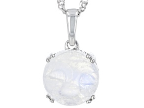 Carved Rainbow Moonstone Rhodium Over Sterling Silver Pendant With Chain