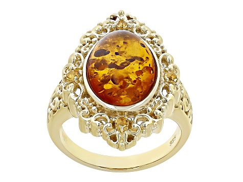 Orange Amber 18k Yellow Gold Over Sterling Silver Ring 0.11ctw