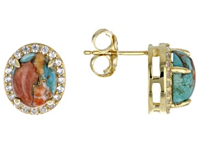 Blended Spiny Oyster Shell & Turquoise 18k Yellow Gold Over Sterling Silver Stud Earrings 0.80ctw