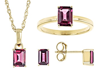 Picture of Raspberry Rhodolite 18k Yellow Gold Over Sterling Silver Ring, Earring, Pendant & Chain Set 3.00ctw