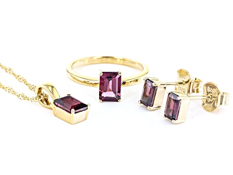 Raspberry Rhodolite 18k Yellow Gold Over Sterling Silver Ring, Earring, Pendant & Chain Set 3.00ctw