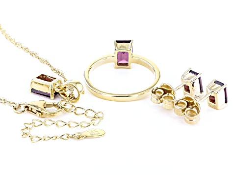 Raspberry Rhodolite 18k Yellow Gold Over Sterling Silver Ring, Earring, Pendant & Chain Set 3.00ctw