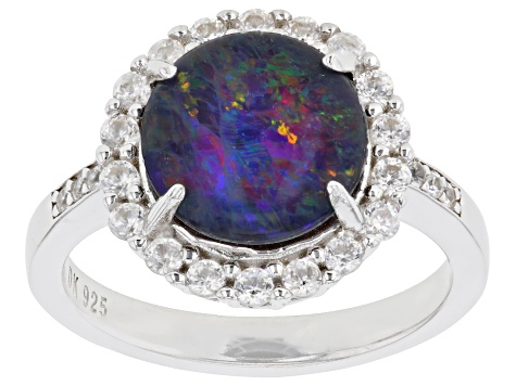 Multi Color Australian Opal Triplet Topaz Rhodium Over Sterling Silver Halo Ring