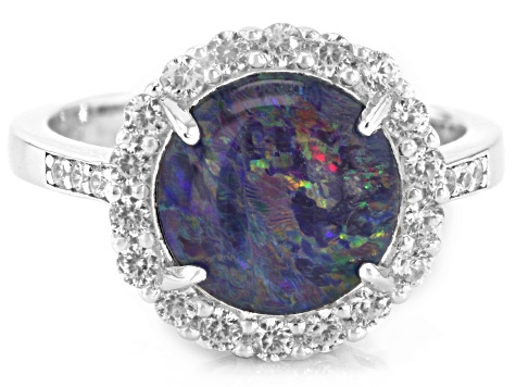 Multi Color Australian Opal Triplet Topaz Rhodium Over Sterling Silver Halo Ring