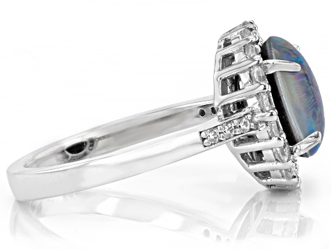 Multi Color Australian Opal Triplet Topaz Rhodium Over Sterling Silver Halo Ring