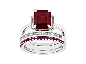 Red Lab Created Ruby Rhodium Over Sterling Silver Ring Set 4.15ctw