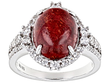 Picture of Red Coral Rhodium Over Sterling Silver Ring 0.92ctw