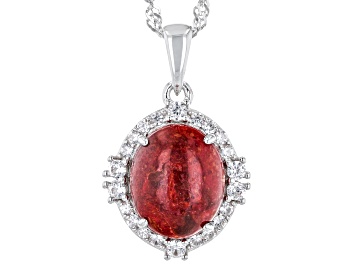 Picture of Red Coral Rhodium Over Sterling Silver Pendant With Chain 0.63ctw