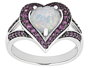Picture of Multicolor Ethiopian Opal Rhodium Over Sterling Silver Heart Ring 1.36ctw