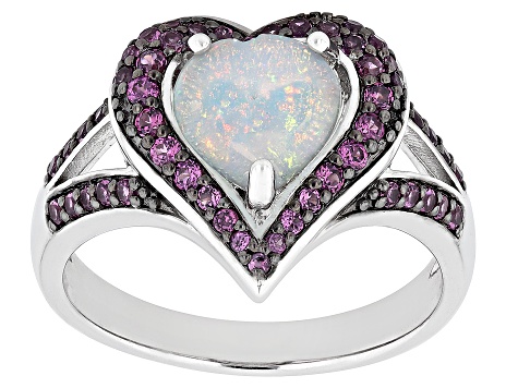 Multicolor Ethiopian Opal Rhodium Over Sterling Silver Heart Ring 1.36ctw