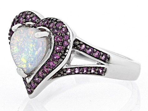 Multicolor Ethiopian Opal Rhodium Over Sterling Silver Heart Ring 1.36ctw