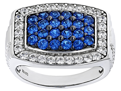 Blue Lab Created Spinel Rhodium Over Sterling Silver Men's Ring 3.16ctw