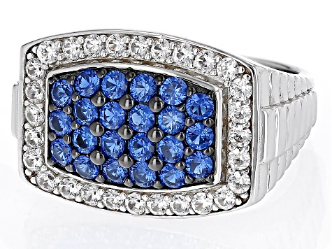 Blue Lab Created Spinel Rhodium Over Sterling Silver Men's Ring 3.16ctw