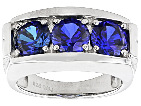Blue Lab Created Sapphire Rhodium Over Sterling Silver Men's Ring 4.20ctw