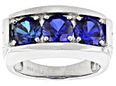 Blue Lab Created Sapphire Rhodium Over Sterling Silver Men's Ring 4.20ctw