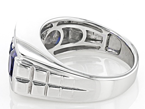 Blue Lab Created Sapphire Rhodium Over Sterling Silver Men's Ring 4.20ctw