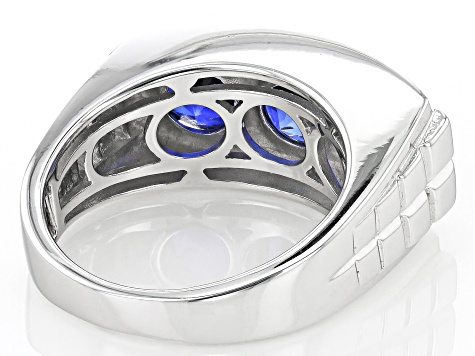 Blue Lab Created Sapphire Rhodium Over Sterling Silver Men's Ring 4.20ctw