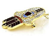 Multi Color Crystal Gold Tone Hamsa Hand Pin/Pendant with 18" Chain