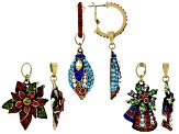 Mutli Color Crystal Antiqued Gold Tone Set of 3 Interchangeable Holiday Earrings