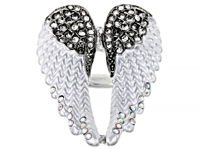 Silver Tone White Crystal Heart Shaped Angel Wing Ring