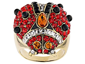 Antique Bronze Tone Multi Color Crystal Ladybug Ring