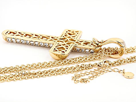 White Crystal Gold Tone Cross Pendant with Chain