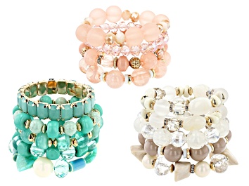 Picture of Gold Tone Pink, Green, and White Beaded Set of 14 Stretch Bracelets