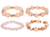 Gold Tone Pink, Green, and White Beaded Set of 14 Stretch Bracelets