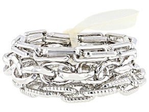 Silver Tone Textured, Hammered & Rectangle Link Set of 3 Stretch Bracelets