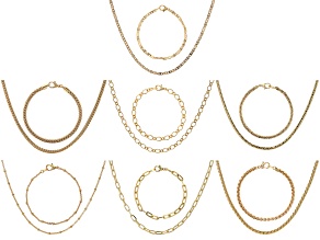 Gold Tone Necklace and Bracelet Jewelry Roll Chain Set of 14