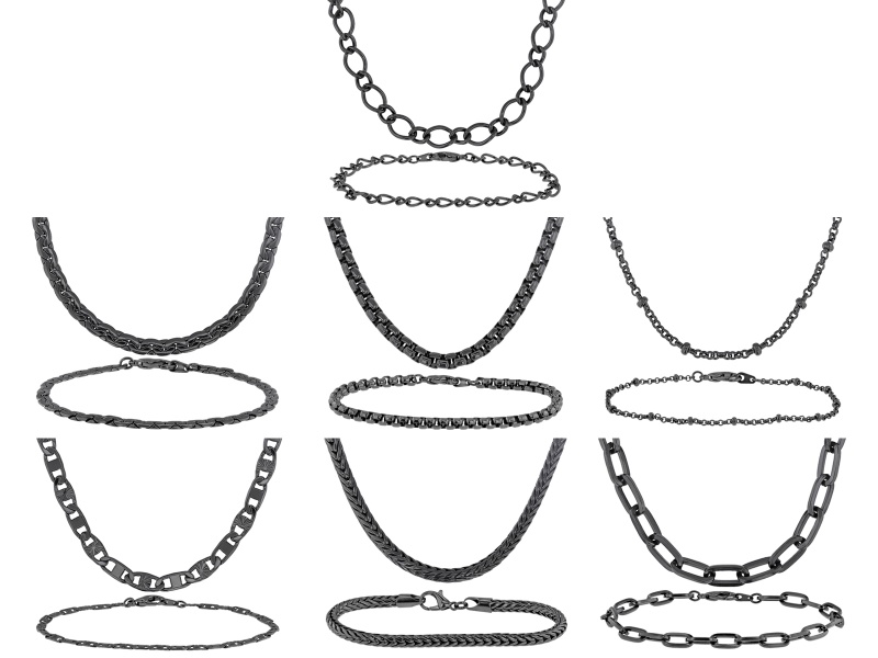 Hematine Tone Necklace and Bracelet Jewelry Roll Chain Set of 14