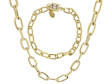 White Crystal Flat Mini Paperclip Gold Tone Necklace and Bracelet Set ...
