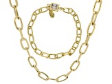 White Crystal Flat Mini Paperclip Gold Tone Necklace and Bracelet Set