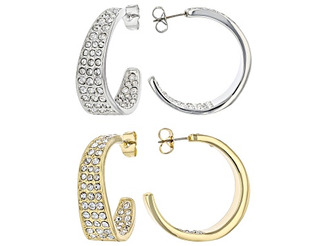 White Crystal, Gold and Silver Tone Set of 2 Inside Out Hoop Earrings