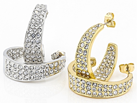White Crystal, Gold and Silver Tone Set of 2 Inside Out Hoop Earrings