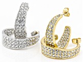 White Crystal, Gold and Silver Tone Set of 2 Inside Out Hoop Earrings