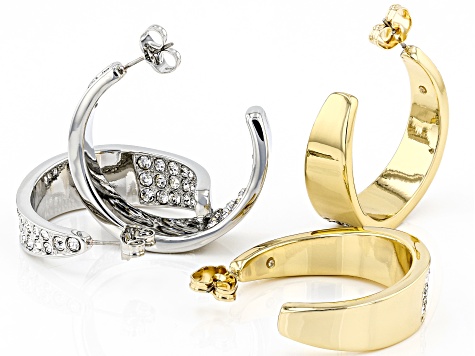 White Crystal, Gold and Silver Tone Set of 2 Inside Out Hoop Earrings