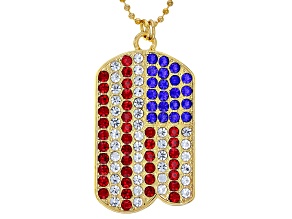 Red, White, and Blue Crystal American Flag Gold Tone Dog Tag Pendant with Chain