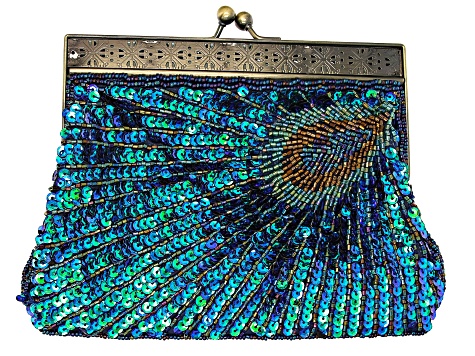 Peacock Color Antique Toned Beaded Clutch